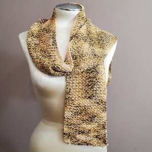 Hand Knit Scarf Black Gold White Varigated Seed Stitch 6x65" Oblong Soft Drapes